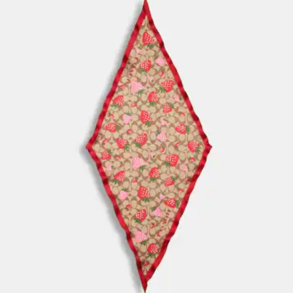 Coach Strawberry Print Silk Scarf in Red, Pink, Tan - Picture 2 of 8